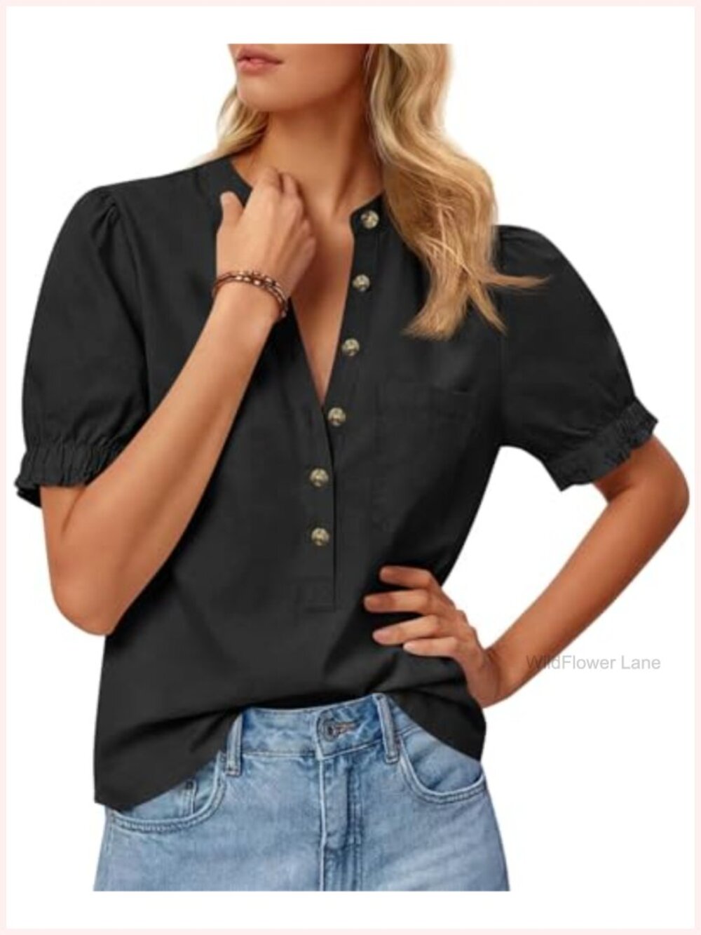 Women's 100% Cotton Puff Sleeve Button Down Blouse Casual Work Top
